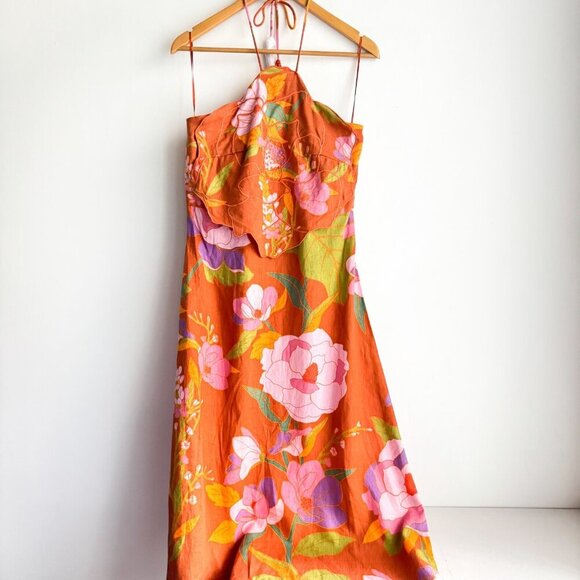 Caroline Constas Halter Dress Orange Floral Linen Blend Embroidered NWT M - Picture 2 of 10